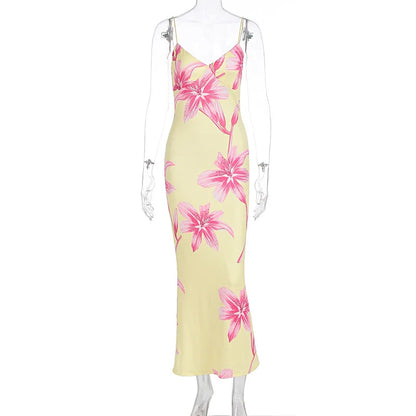 Robe midi en soie à imprimé floral et col en V pour femme 
