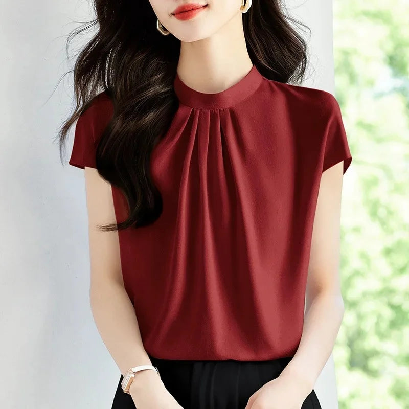 Women's Short Sleeve Chiffon Stand Collar Blouse