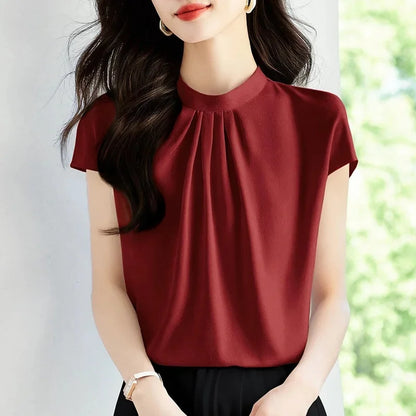 Women's Short Sleeve Chiffon Stand Collar Blouse