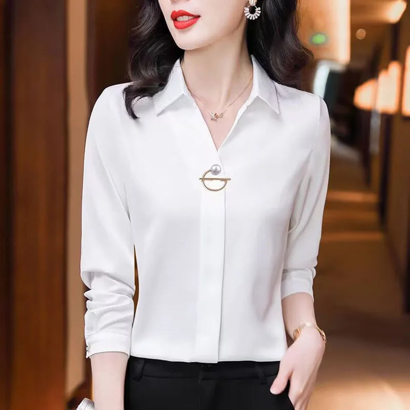 Women's Slight Strech Turn Down Collar Shirt Blouse