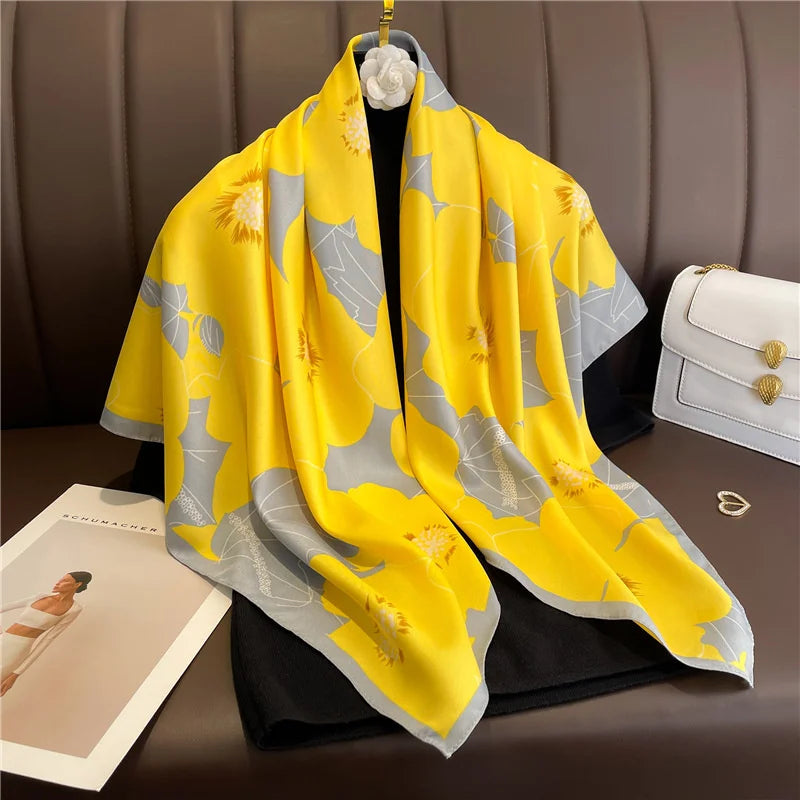 Women Summer Silk Flower Print Scarves Shawls