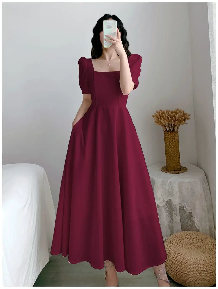 Robe cintrée à la taille pour femme, manches bouffantes et col carré 