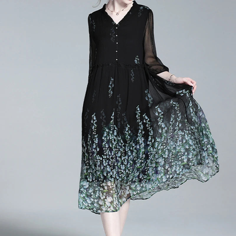 Women's Elegant Floral Printing Chiffon V-Neck Silk Dress