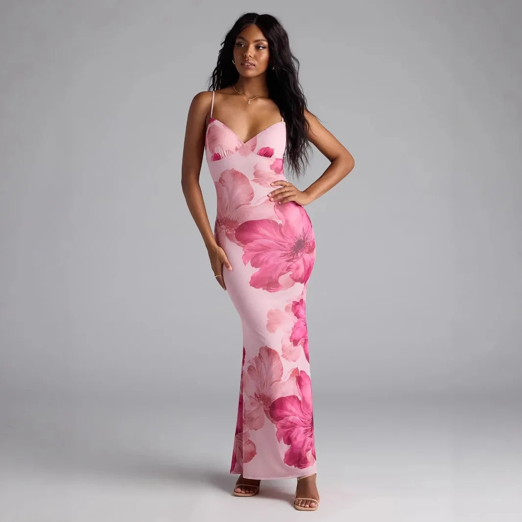 Women's Floral Print V-neck Silk Midi Dress