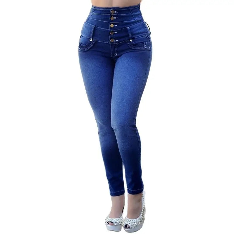 Women's High Waist Button Denim Skinny Jeans