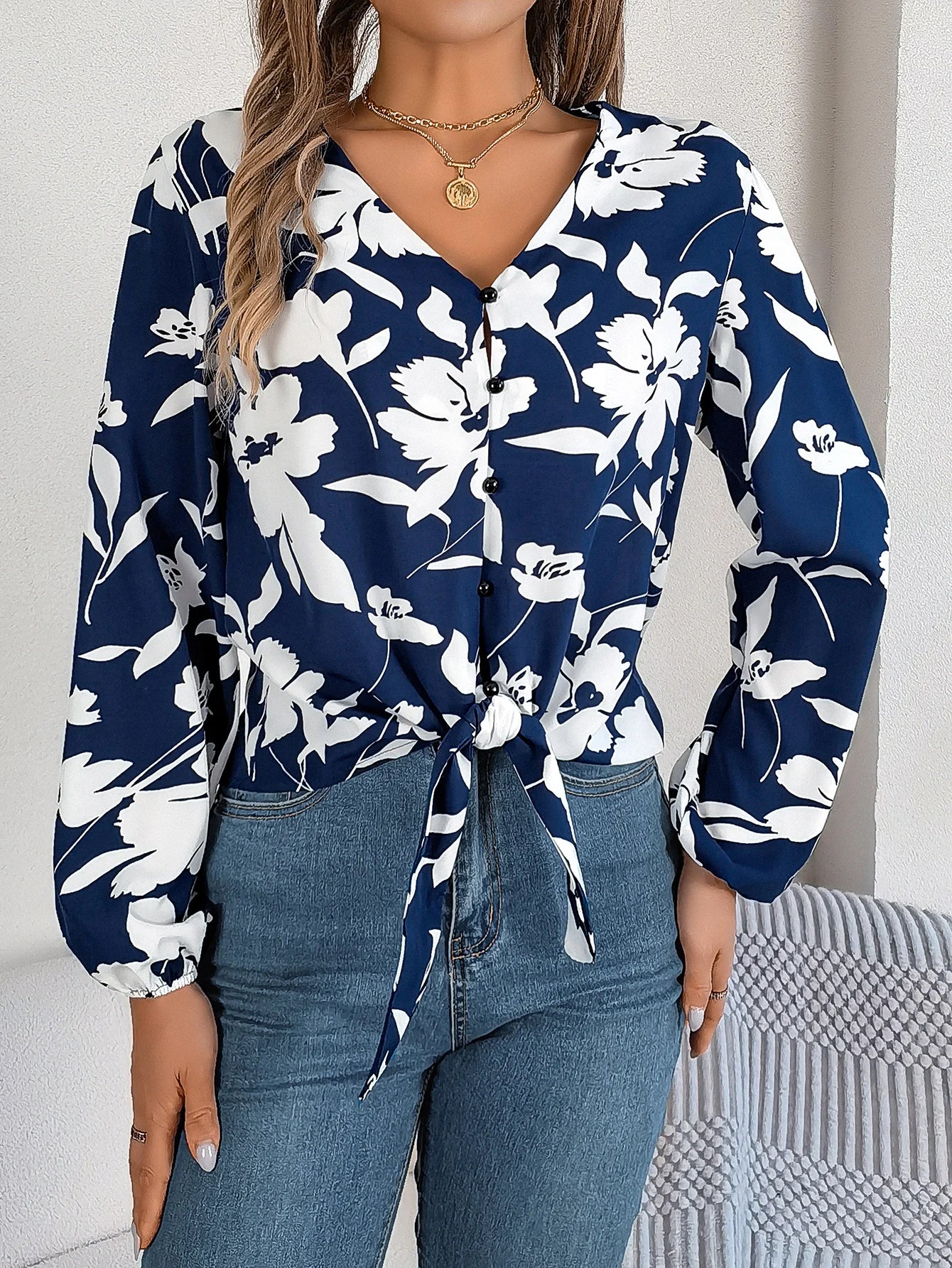 Women's Long Sleeve Lace Up Floral Bow Blouse