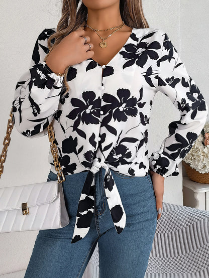 Women's Long Sleeve Lace Up Floral Bow Blouse