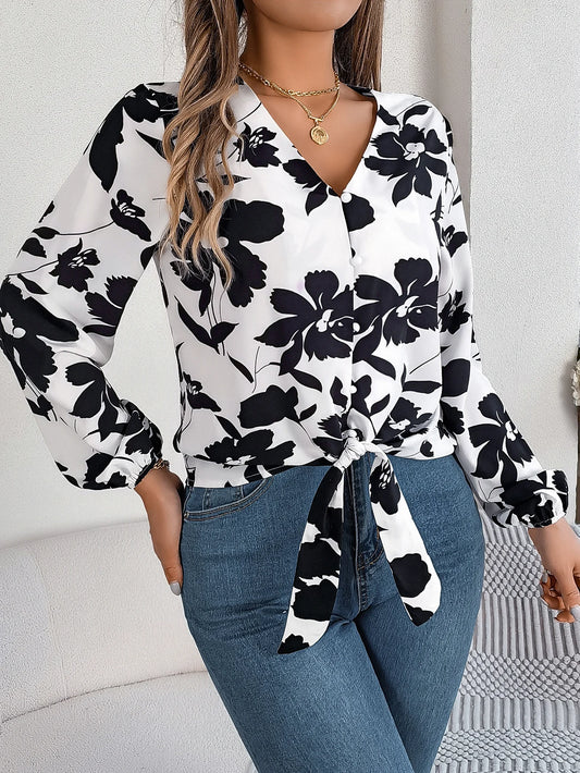 Women's Long Sleeve Lace Up Floral Bow Blouse