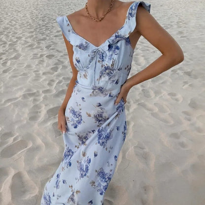 Women's Off Shoulder Floral Printed Ruffle Maxi Dresses