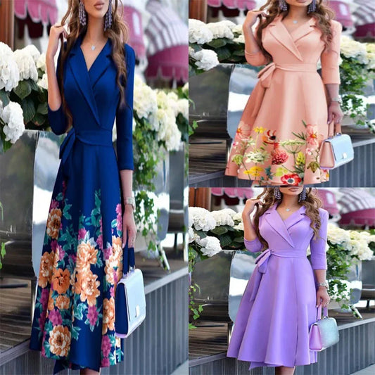 Robe midi imprimée pour femme, longueur cheville, taille nouée 