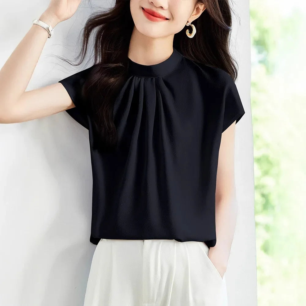 Women's Short Sleeve Chiffon Stand Collar Blouse