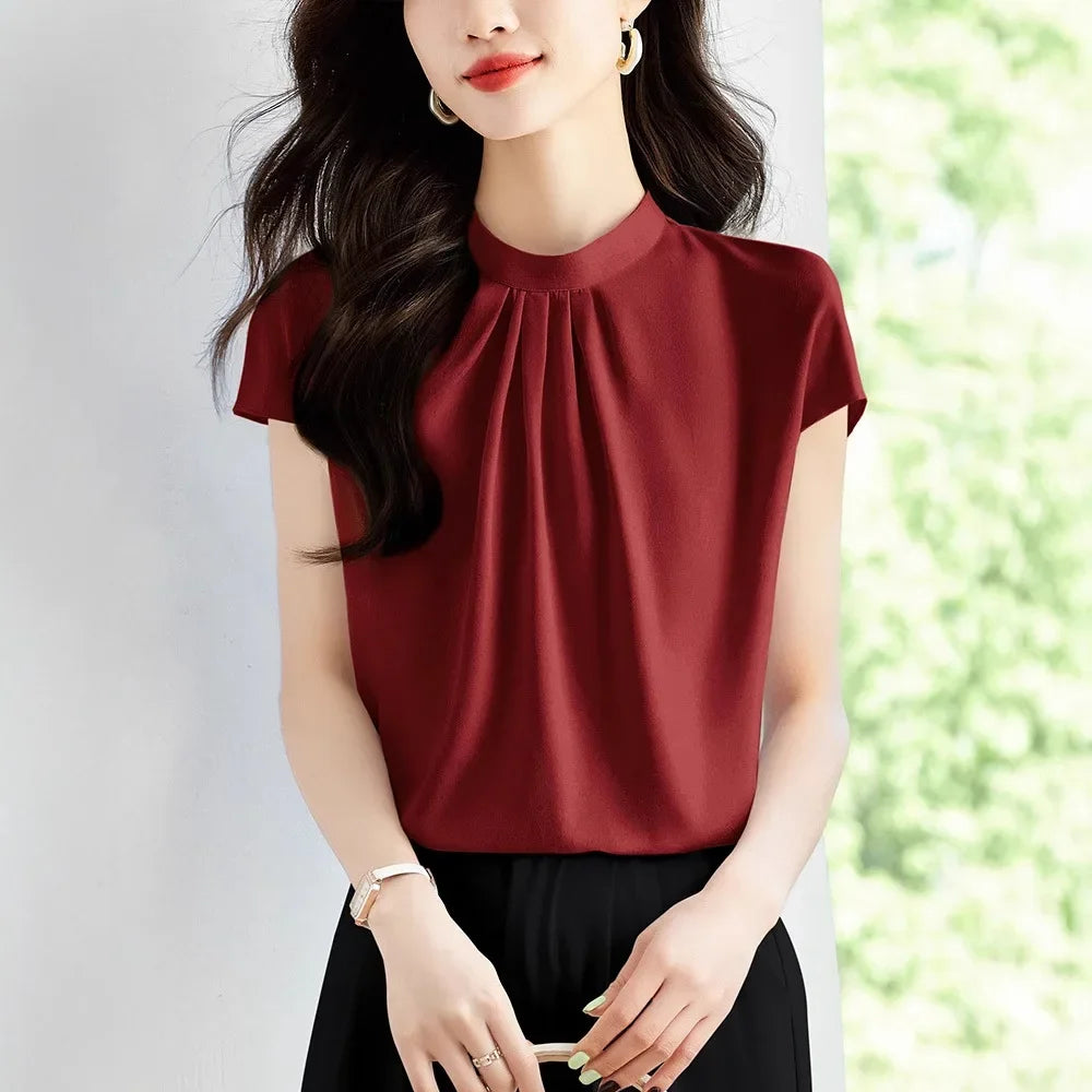 Women's Short Sleeve Chiffon Stand Collar Blouse