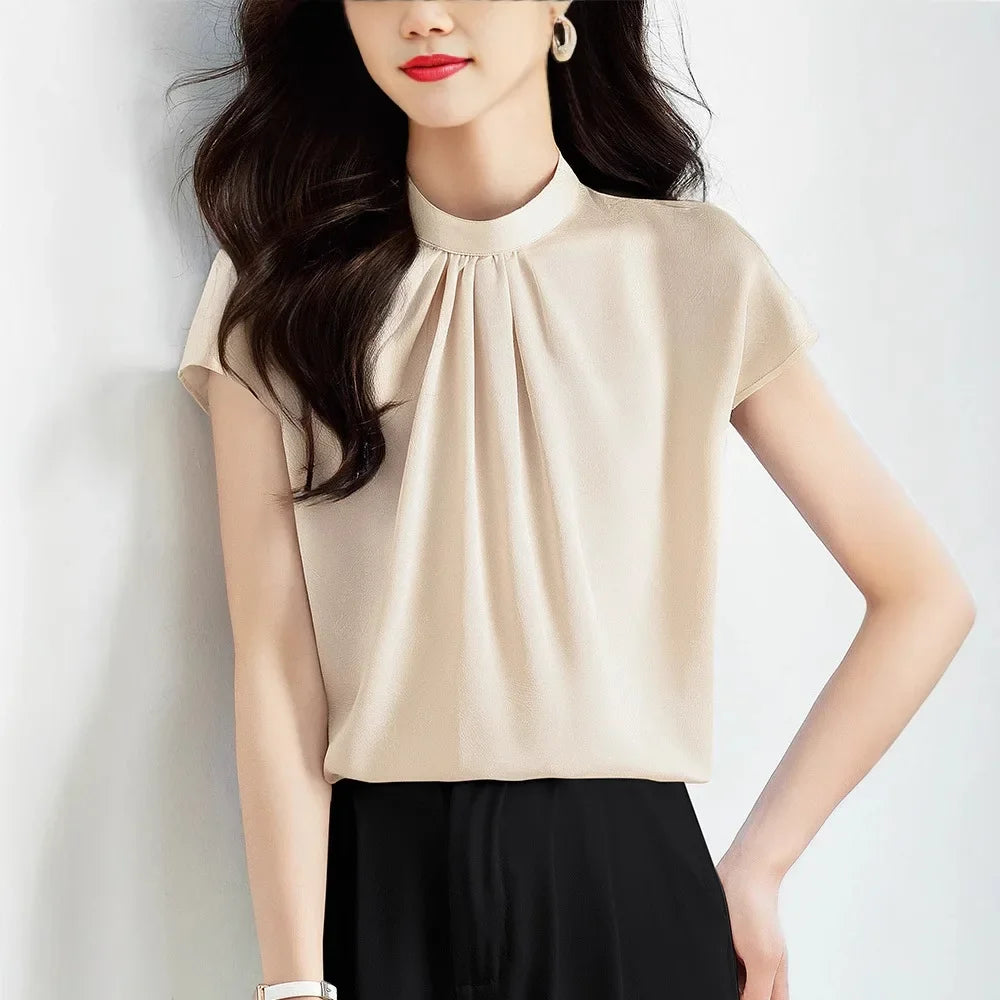Women's Short Sleeve Chiffon Stand Collar Blouse