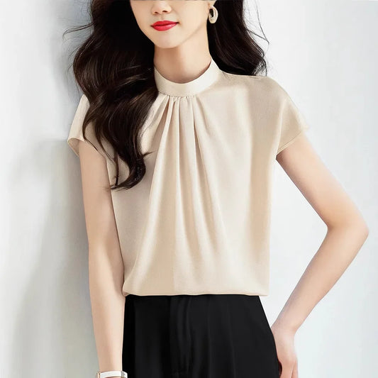 Women's Short Sleeve Chiffon Stand Collar Blouse