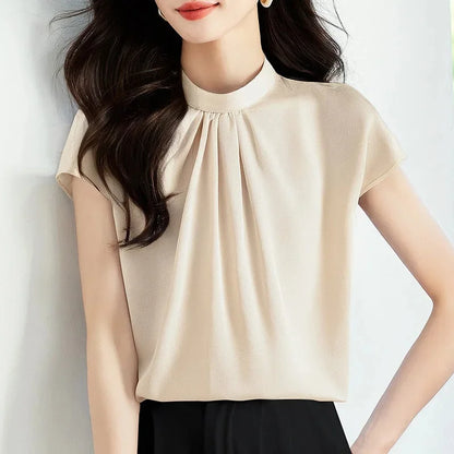 Women's Short Sleeve Chiffon Stand Collar Blouse