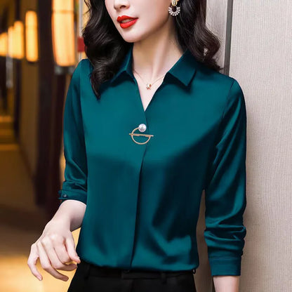 Women's Slight Strech Turn Down Collar Shirt Blouse