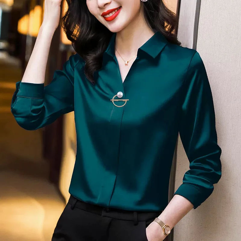 Women's Slight Strech Turn Down Collar Shirt Blouse