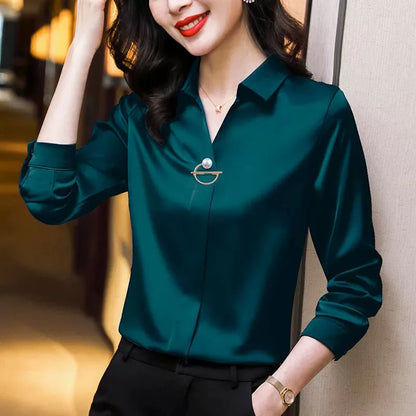 Women's Slight Strech Turn Down Collar Shirt Blouse
