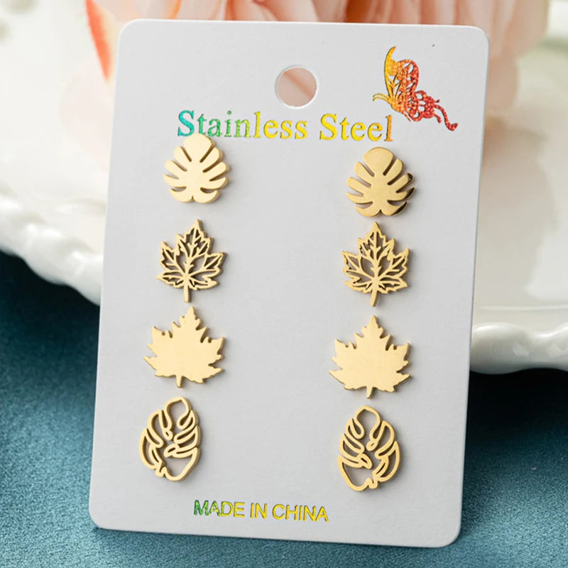 Women's Stainless Steel Star Moon Flower Earrings Set