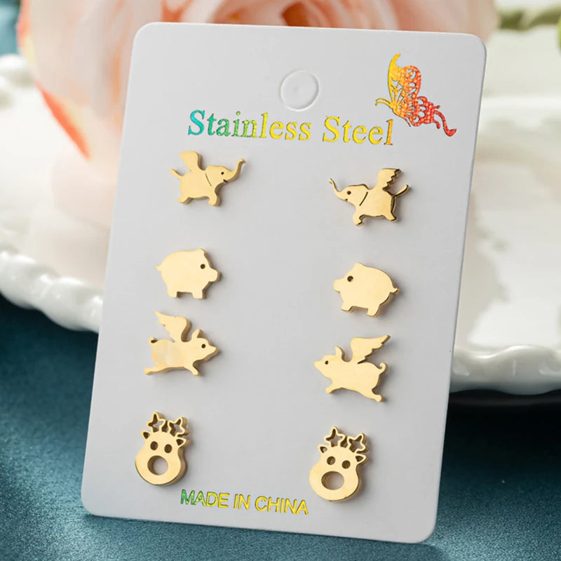 Women's Stainless Steel Star Moon Stud Flower Earrings Set