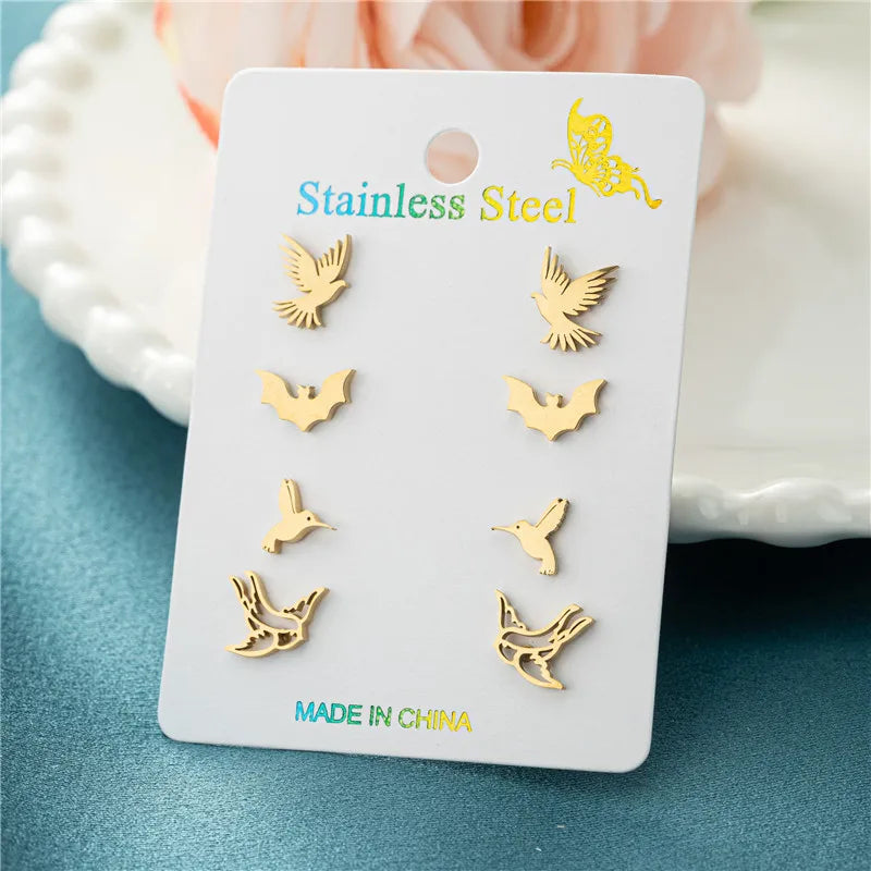 Women's Stainless Steel Star Moon Stud Flower Earrings Set