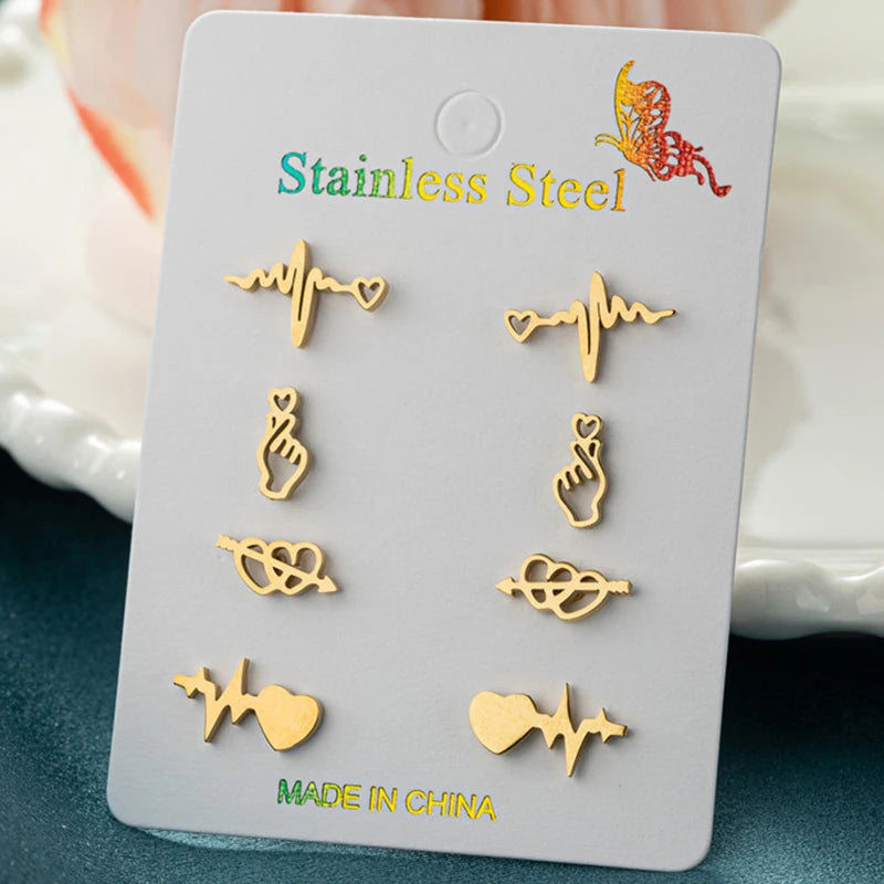 Women's Stainless Steel Star Moon Stud Flower Earrings Set