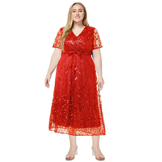 Women's Summer Short Sleeve Floral V Neck Maxi Dress