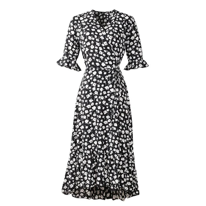 Women's V Neck Boho Floral Ruffle Midi Maxi Dress