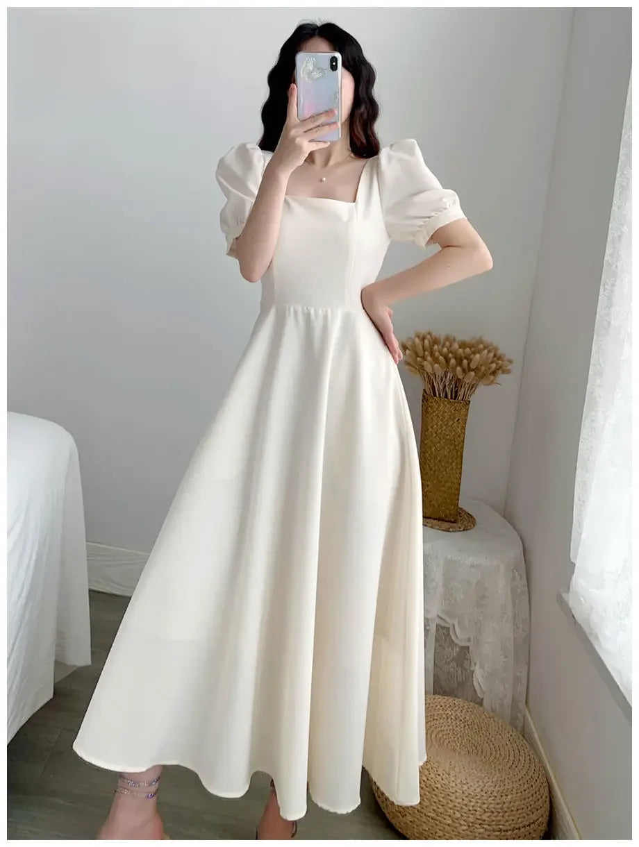 Women's Waist-Fitted Puff Sleeve Square Collar Dress