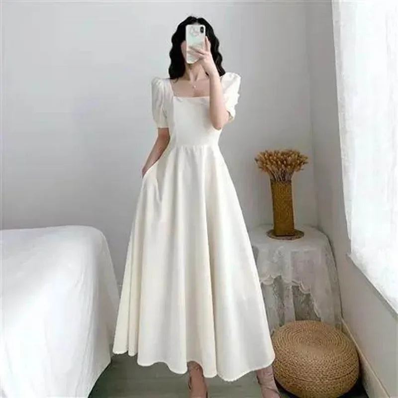 Women's Waist-Fitted Puff Sleeve Square Collar Dress