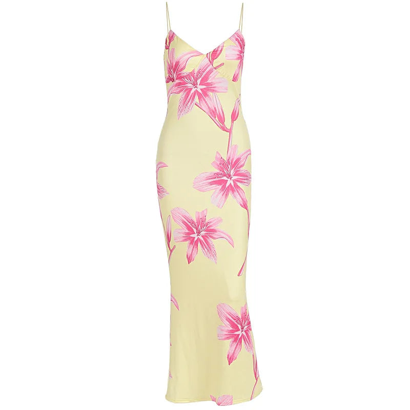 Robe midi en soie à imprimé floral et col en V pour femme 