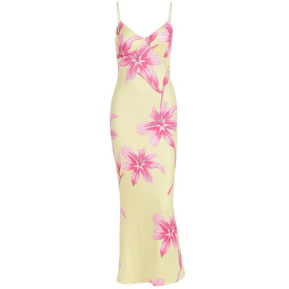 Robe midi en soie à imprimé floral et col en V pour femme 