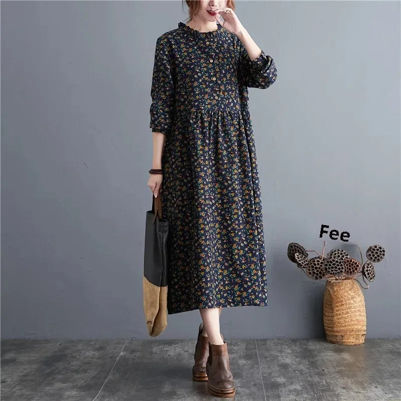 Women's Loose Long Sleeve Cotton Floral Dress