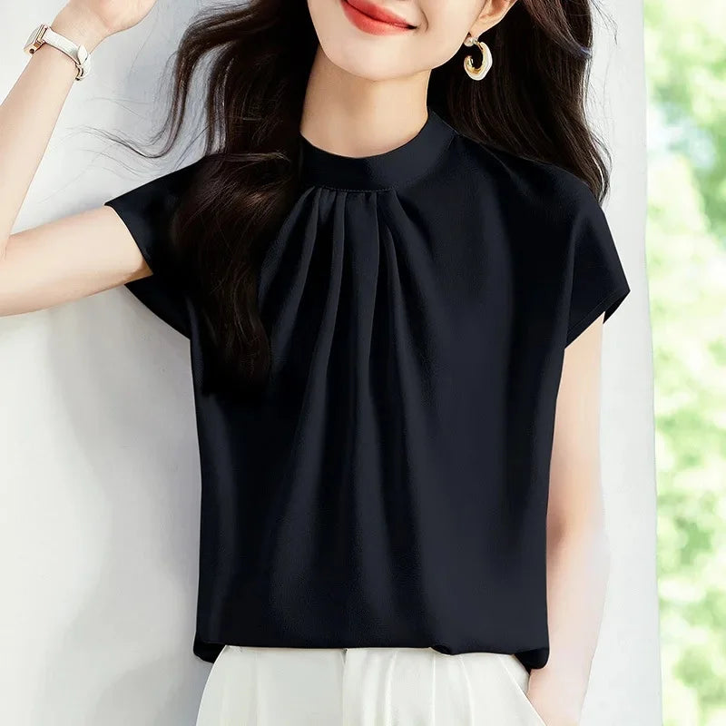 Women's Short Sleeve Chiffon Stand Collar Blouse