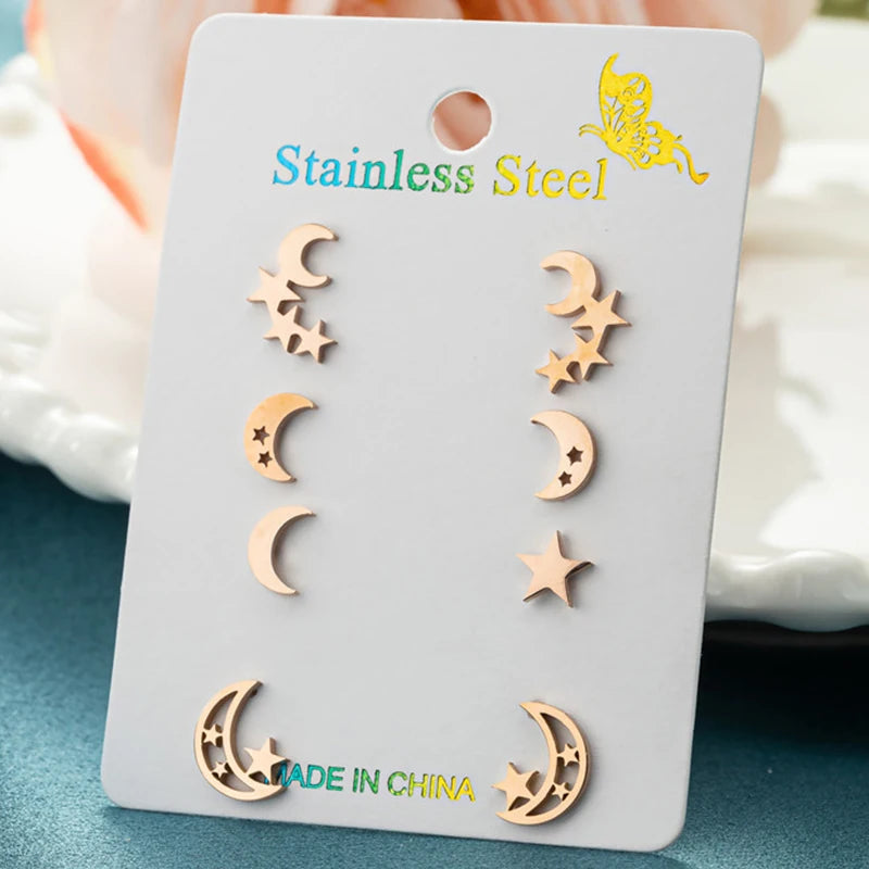 Women's Stainless Steel Star Moon Flower Earrings Set
