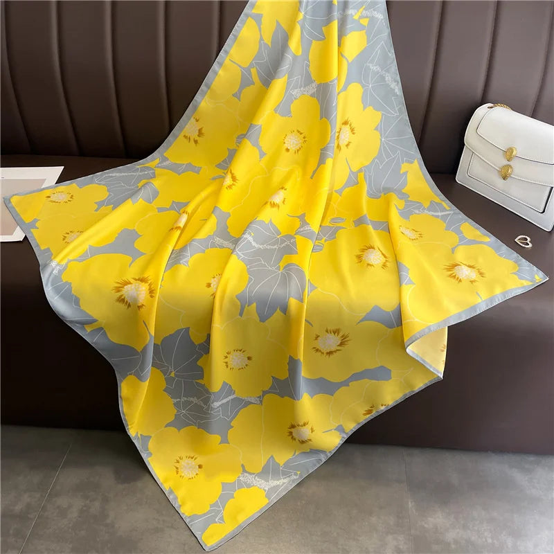 Women Summer Silk Flower Print Scarves Shawls