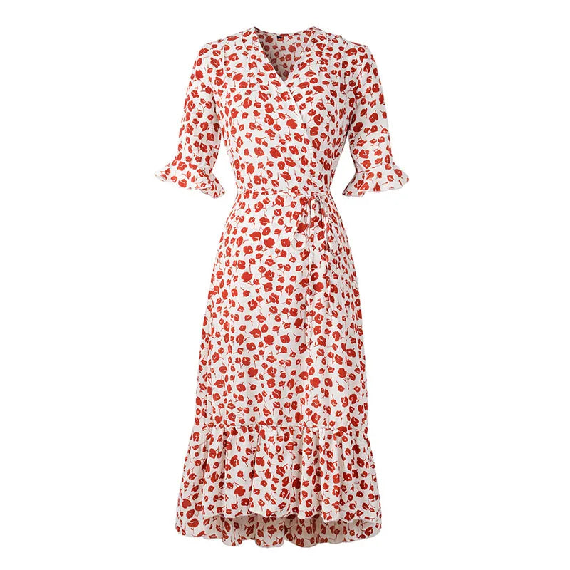Women's V Neck Boho Floral Ruffle Midi Maxi Dress