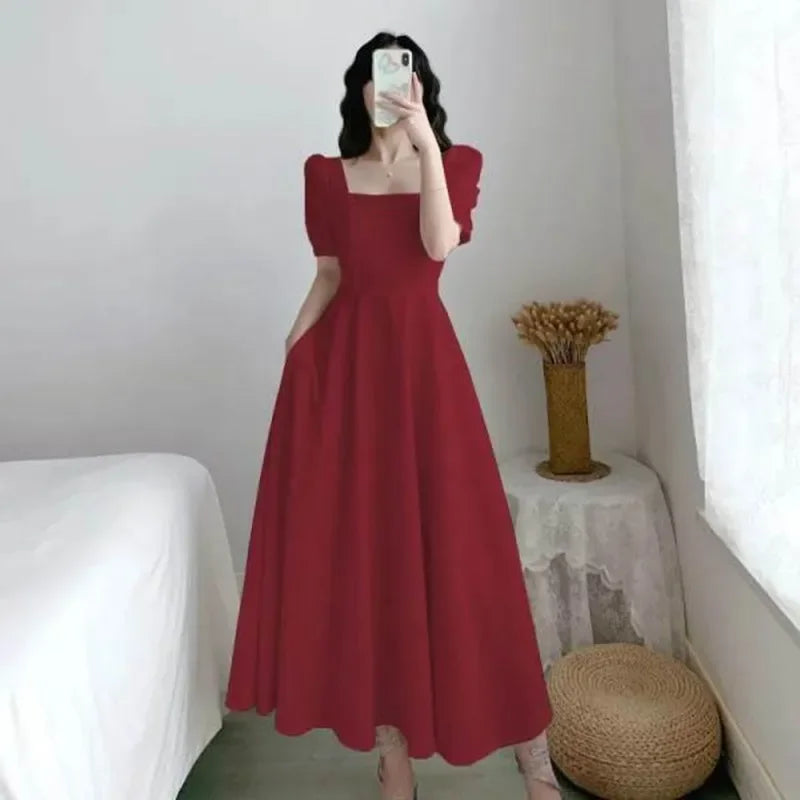 Women's Waist-Fitted Puff Sleeve Square Collar Dress
