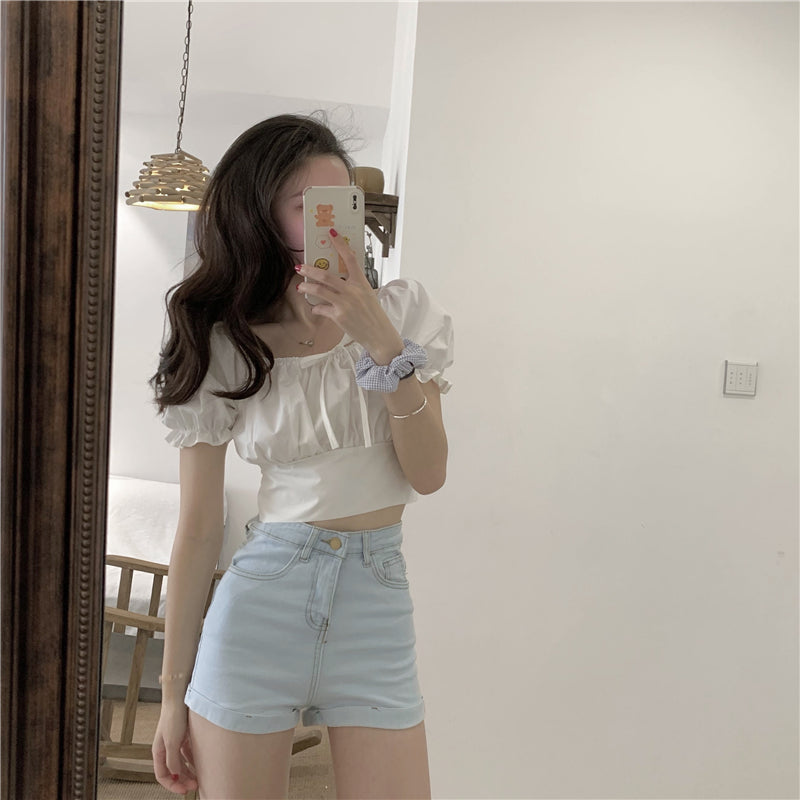 Retro High Waist Slim Puff Short Sleeve Top