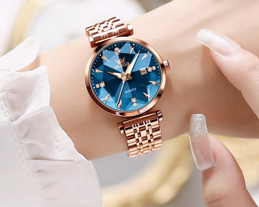 Montre étanche avec bracelet en acier inoxydable et or rose pour femme