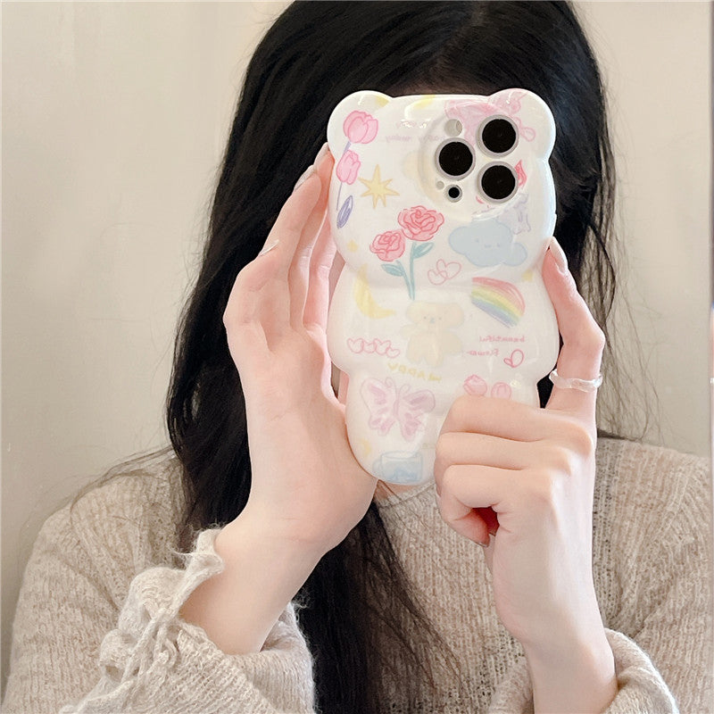 Coque de téléphone avec petit ours et fleurs 3D