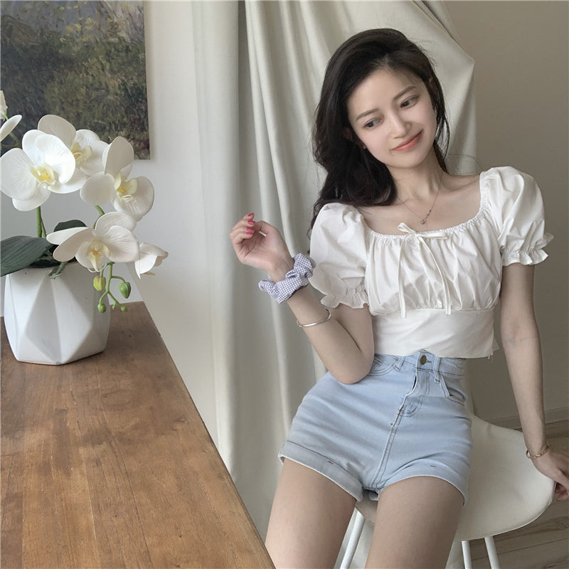 Retro High Waist Slim Puff Short Sleeve Top