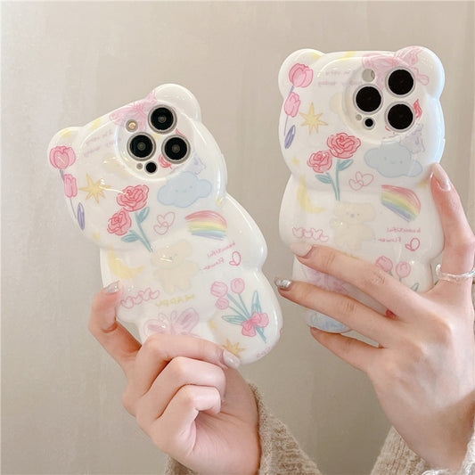 Coque de téléphone avec petit ours et fleurs 3D
