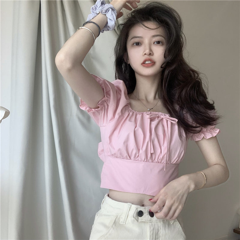 Retro High Waist Slim Puff Short Sleeve Top